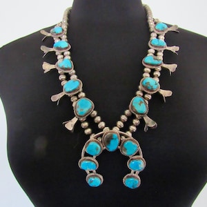 Mid-20th Century, Navajo, Sterling Silver & Natural Turquoise Squash Blossom Necklace with Beautiful Stones