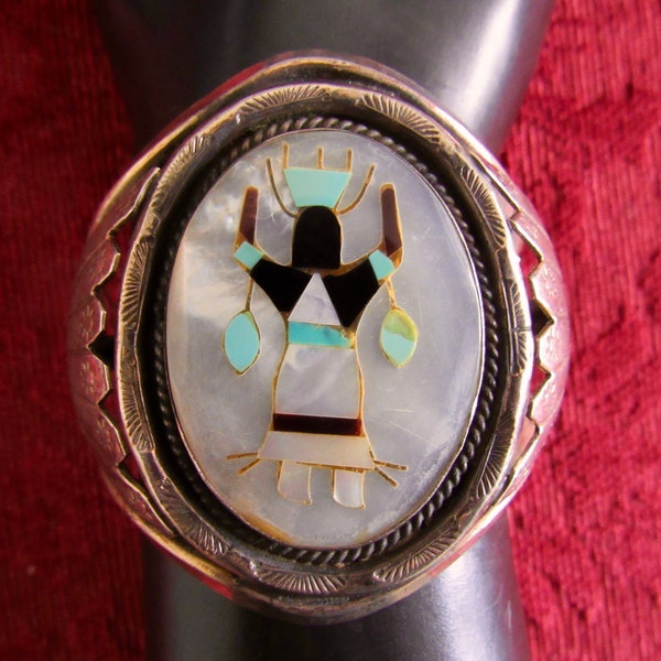 Large, Vintage, Dead Pawn, Zuni Sterling Silver & Multi-Stone Inlay Apache Mountain Spirit Dancer Bracelet/Cuff in Smaller Wrist Size