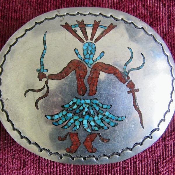 Huge, Heavy, Vintage, Sterling Silver & Chip Inlay Apache Mountain Spirit Dancer Buckle - Signed by Renowned Navajo Artist