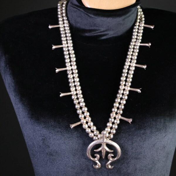 1960's Long Heavy Navajo Old/Dead Pawn Sterling Silver Squash Blossom Necklace w/ Handmade Beads Fantastic Condition!!!!