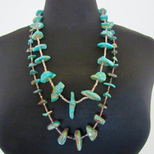 Vintage, Single Strand, 24-inch Necklace of Vivid Turquoise Nuggets, Heishi and Handmade Sterling Silver Bench Beads & Tube Beads