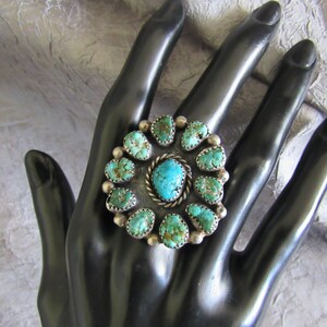 Large, Old, Navajo, Cluster Ring with 11 Natural Turquoise Nuggets in Sterling Silver from the Estate of a Collector - Size 7 1/2