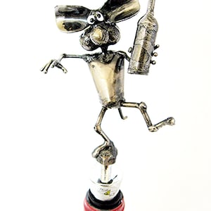 Wine Bottle Stopper with Drunk Mouse handmade from recycled steel.