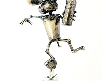 Wine Bottle Stopper with Drunk Mouse handmade from recycled steel.