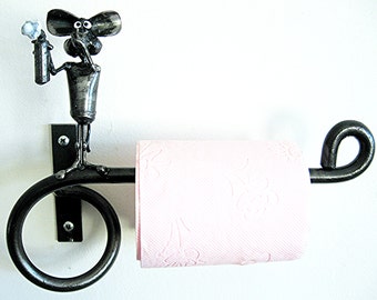 Toilet paper Holder with Mouse and Deodorant spray sculpture made from recycled Steel