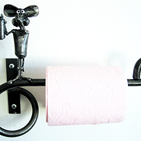 Toilet paper Holder with Mouse and Deodorant spray sculpture made from recycled Steel