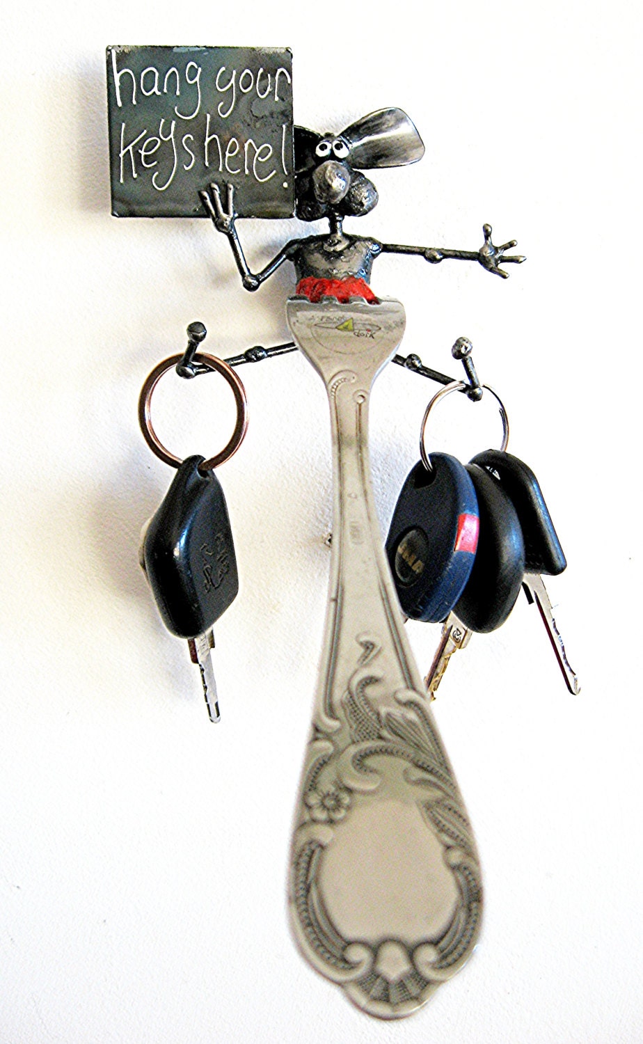 Sculpture en Souris Mur Keyholder Upcycled Fourche avec Plaque