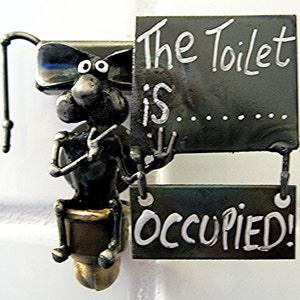 Toilet Wall Sign Handmade Recycled Steel Mouse sitting on Toilet with Changeable Occupied / Unoccupied  plaque