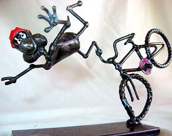 Crashing Cycling Hand Sculpted Steel Mouse Sculpture