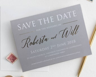 Grey Gold Foil Save The Date | Gold Foil Save the Date, Minimal Wedding, Calligraphy Style Save the Date, Grey and Gold Wedding