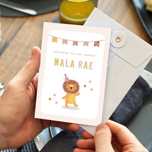 Tarjeta personalizada de nuevo bebé / Bienvenido a la tarjeta mundial, nueva tarjeta de bebé, nueva tarjeta de bebé niño, nueva tarjeta de bebé niña, tarjeta de bebé recién nacido, bebé león