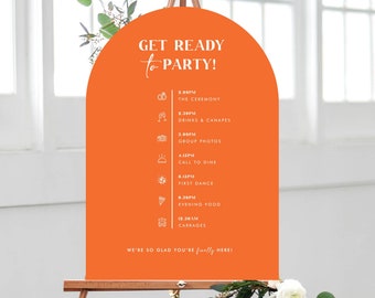 Orange Curved Wedding Timeline Sign | Modern Bright Bold Wedding, Minimal Arched Timeline Board, Signage for events, Editable Colours.