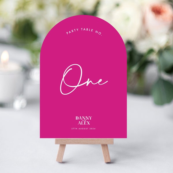 Pink Curved Table Numbers | Modern Bright Bold Wedding, Minimal Arched Table Numbers, Table Names , Editable Colours, Minimalist