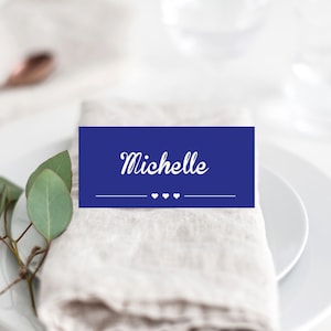 Bold Navy Wedding Place Card | Bold Wedding Place Card, Simplistic Place Cards, Navy Wedding, Block Colour, Navy Place Card, Curley Font
