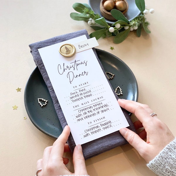 Modern Christmas Menu With Place Card | Christmas Table Quiz, Christmas Table Setting, Christmas Table Decoration, Christmas Place Cards