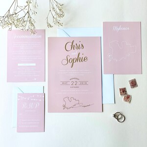 Luscious Type Blush And Gold Wedding Invites | Gold Foil Wedding Invites, Illustrated Map Invite, Abroad Wedding Invite, Blush Wedding