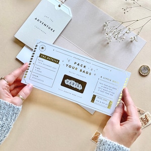 Lux Travel Scratch Card Announcement Boarding pass, with gold foil. Here we see the personalised wallet and boarding pass. With a meal telegram and little extra card in the wallet. Designed by Rodo Creative