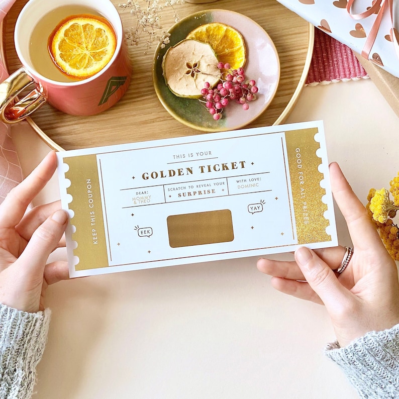 Golden ticket surprise ticket gift is a flexible way of treating your loved one. A shopping spree gift, a holiday gift, a city break or breakfast in bed. This luxurious white and gold foil ticket can be a brilliant last minute gift idea.