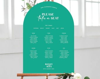 Green Curved Table Plan | Modern Bright Bold Wedding, Minimal Arched Table Plan, Seating Plan, Seat Chart, Editable Colours, Minimalist