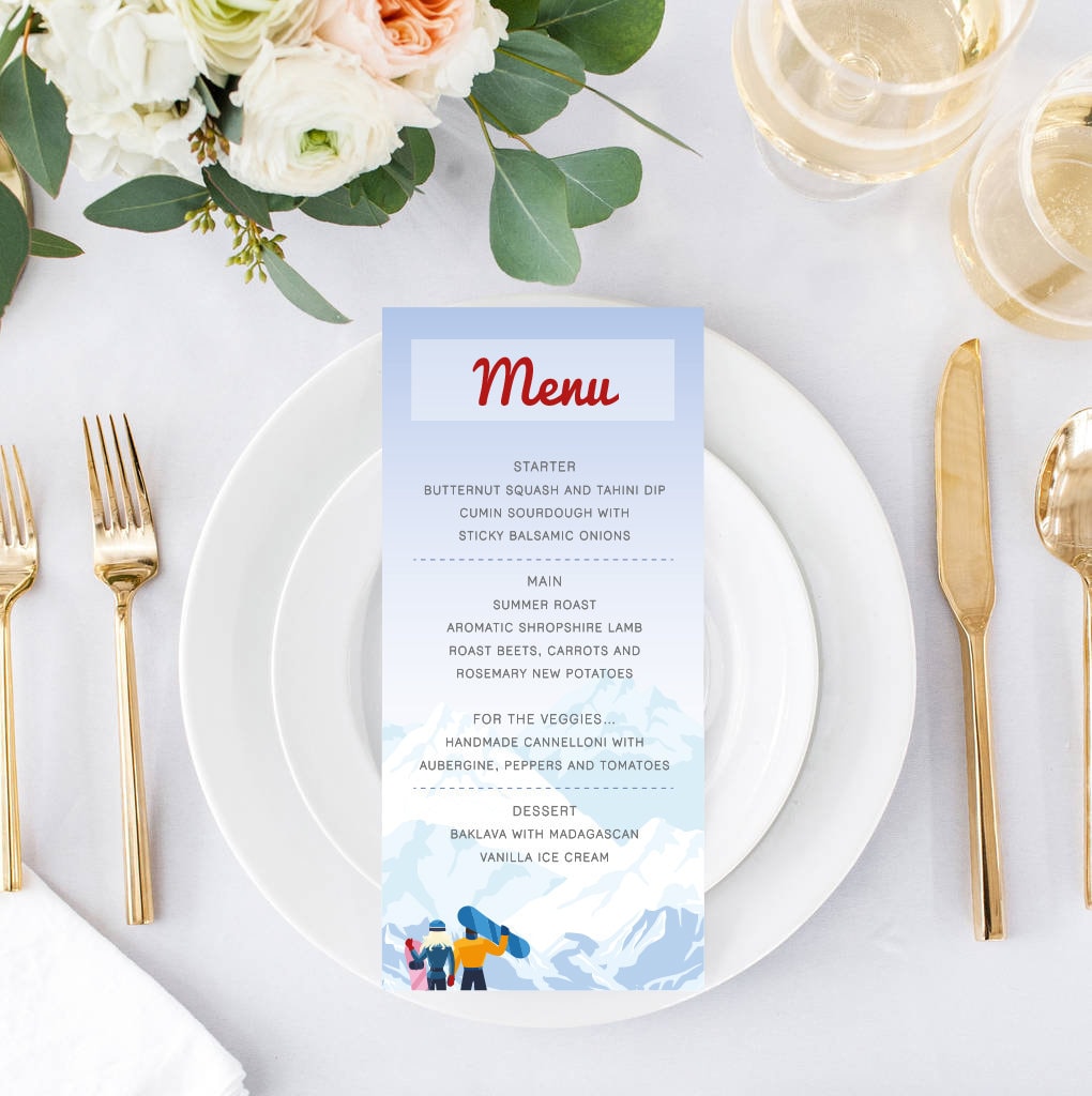 Ski Wedding Menu | Ski Themed Wedding, Wedding Menu, Menu Card, Couples Who Love Skiing, Illustrated Couple, Ski Wedding, Day Stationery