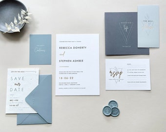 Dusty Blue Wedding Invite With Vellum Wrap | Gold Foil Wedding Invites, Minimal Invite, Dusty Blue Wedding, Vellum Invite, Wax Seal Invite