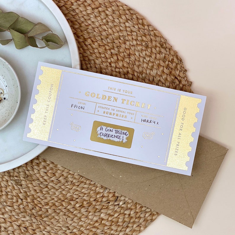 Surprise gift ideas include a gin tasting experience, a date night, a city break gift, a favourite music concert. Treat your loved one to something unique and special and reveal the exciting news with this beautiful golden ticket by Rodo Creative.