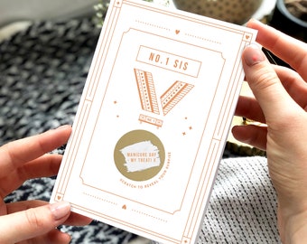 No.One Sister Medal Scratch Card | Best Sister Card, Scratch Reveal Surprise, Sister's Birthday Card, Sister's Birthday Gift, No.1 Sister