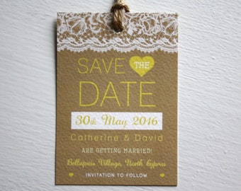 Rustic Lace Save the Date with Twine detail and envelopes | Save the Date Tag, Editable Colours, Kraft Wedding, Lace Wedding, Rustic Wedding