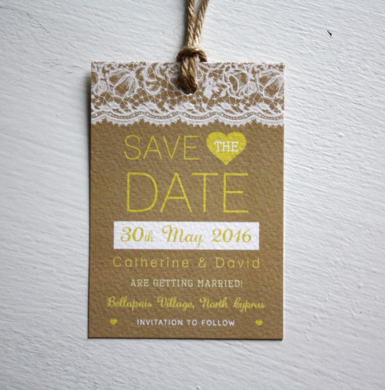 Rustic Lace Save the Date with Twine detail and envelopes Save the Date Tag, Editable Colours, Kraft Wedding, Lace Wedding, Rustic Wedding image 1