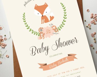 Floral Fox Baby Shower Invitations | Gender Neutral Baby Shower Invite, Editable Colours, Fox Themed Baby Shower, New Baby Invite, Floral