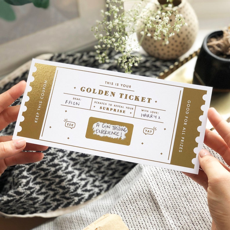 A golden ticket to reveal a prize, a gift, a game at work or a professional promotion.  It can also generate excitement and buzz around a brand or product. A fun way of interacting with your work place. Could work as a lucky dip prize.