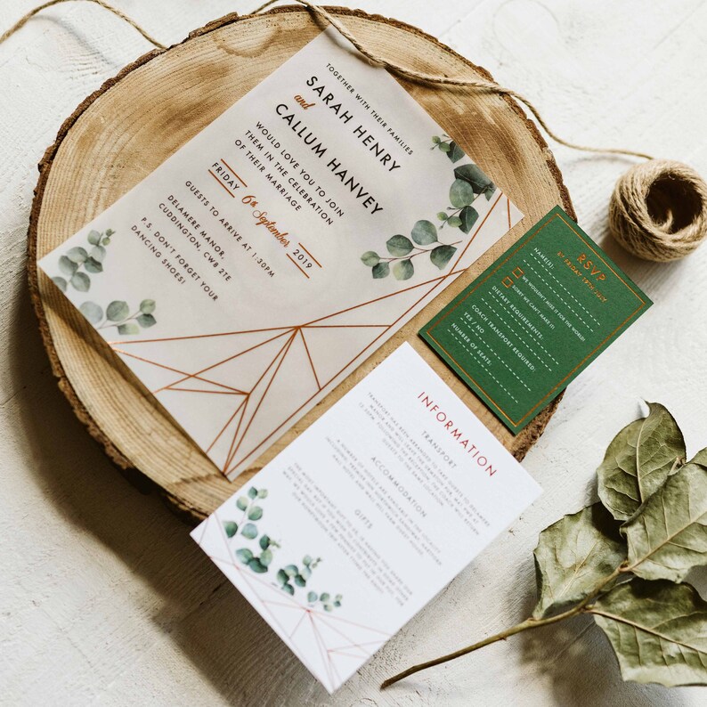 Eucalyptus Geometric Vellum Wedding Invitations Vellum Foil Wedding Invitation Suite, Geometric Botanical Wedding, Eucalyptus Vellum image 2