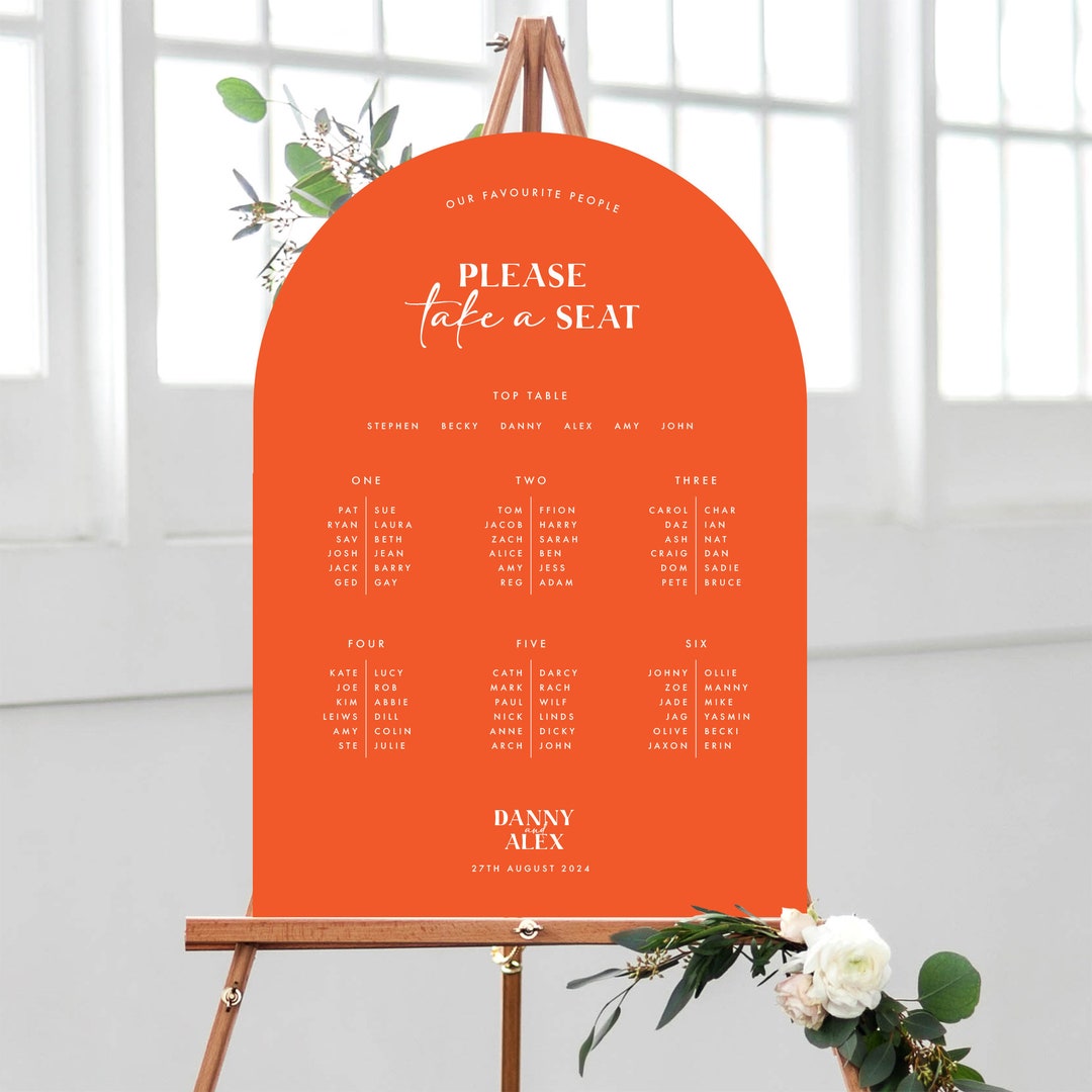 Round Table Plan Sign Orange Curved Table Plan | Modern Bright Bold Wedding, Minimal Arched ...