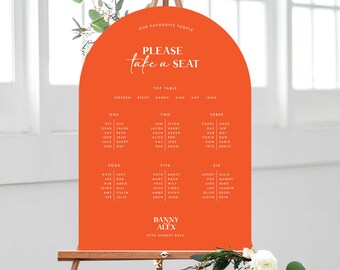Orange Curved Table Plan | Modern Bright Bold Wedding, Minimal Arched Table Plan, Seating Plan, Seat Chart, Editable Colours, Minimalist