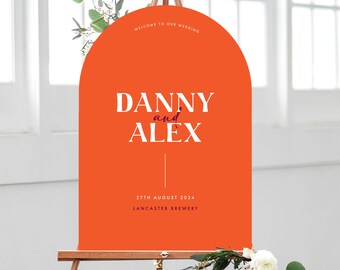 Orange Curved Welcome Sign | Modern Bright Bold Wedding, Minimal Arched Welcome board, Signage for events, Editable Colours, Minimalist
