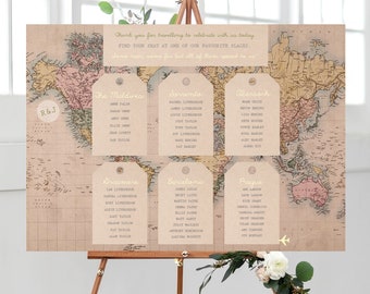 Vintage Travel map Table Plan | Travel Themed Wedding, Abroad Wedding, Vintage Map, Table Plan, Seating Plan, Vintage Travel Theme Wedding