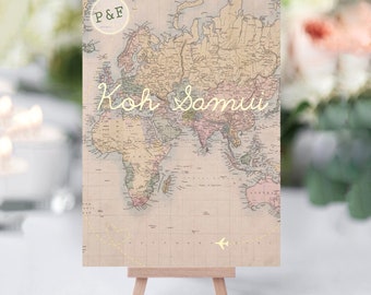 Travel theme Table Names | Travel Themed Wedding, Abroad Wedding, Vintage Map, Table Names, Table Numbers, Vintage Travel Theme Wedding