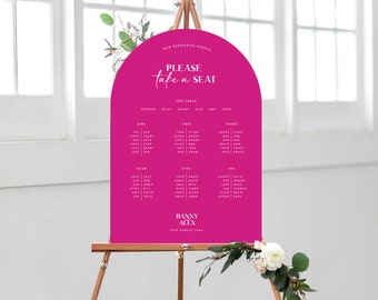 Pink Curved Table Plan | Modern Bright Bold Wedding, Minimal Arched Table Plan, Seating Plan, Seat Chart, Editable Colours, Minimalist