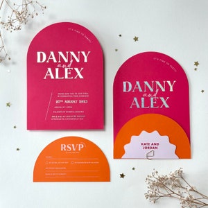 Rainbow Foil Pink Curved Wedding Invitations | Curved Foil Wedding Invitation Suite, Bright, Bold, Modern Wedding