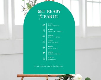Green Curved Wedding Timeline Sign | Modern Bright Bold Wedding, Minimal Arched Timeline Board, Signage for events, Editable Colours.