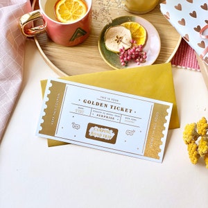 A coupon styled luxurious gold foil metallic golden ticket. A scratch card surprise which hides a unique gift which is thoughtful and will create special memories. Rodo Creative can print your personal details or you can choose to handwrite them.