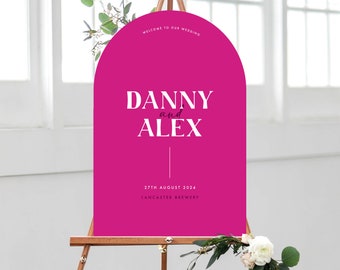 Pink Curved Welcome Sign | Modern Bright Bold Wedding, Minimal Arched Welcome board, Signage for events, Editable Colours, Minimalist