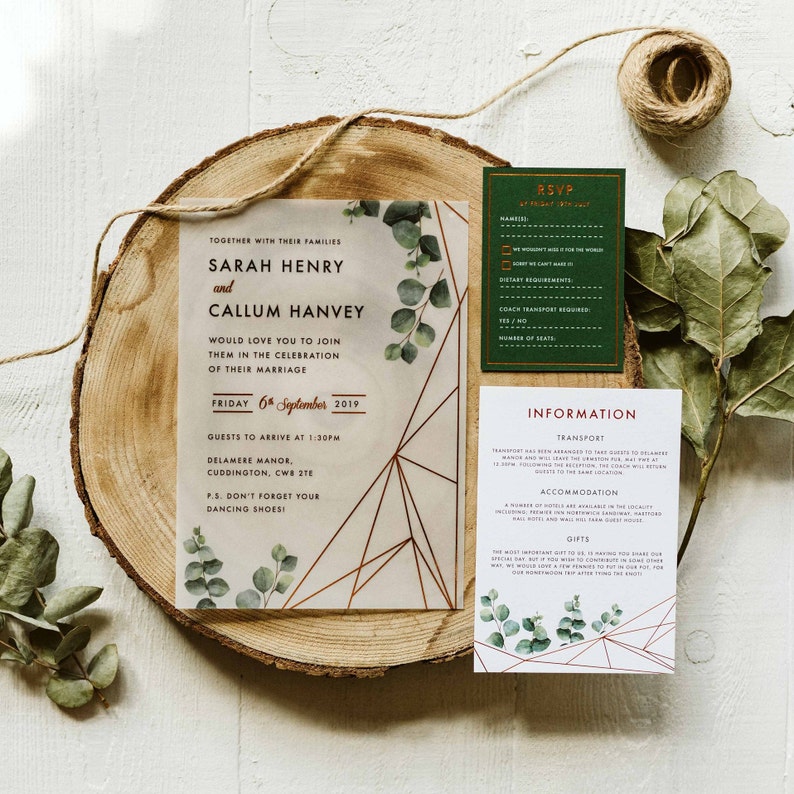 Eucalyptus Geometric Vellum Wedding Invitations Vellum Foil Wedding Invitation Suite, Geometric Botanical Wedding, Eucalyptus Vellum image 1