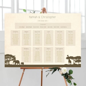 Safari-bruiloftstafelplan – Afrikaans thema bewerkbare tafelschikking | Stoelindeling bruiloft met dierenthema | Direct downloaden