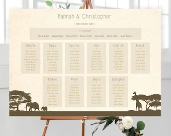 Safari Wedding Table Plan – African Theme Editable Seating Chart | Animal-Themed Wedding Seating Plan | Instant Download