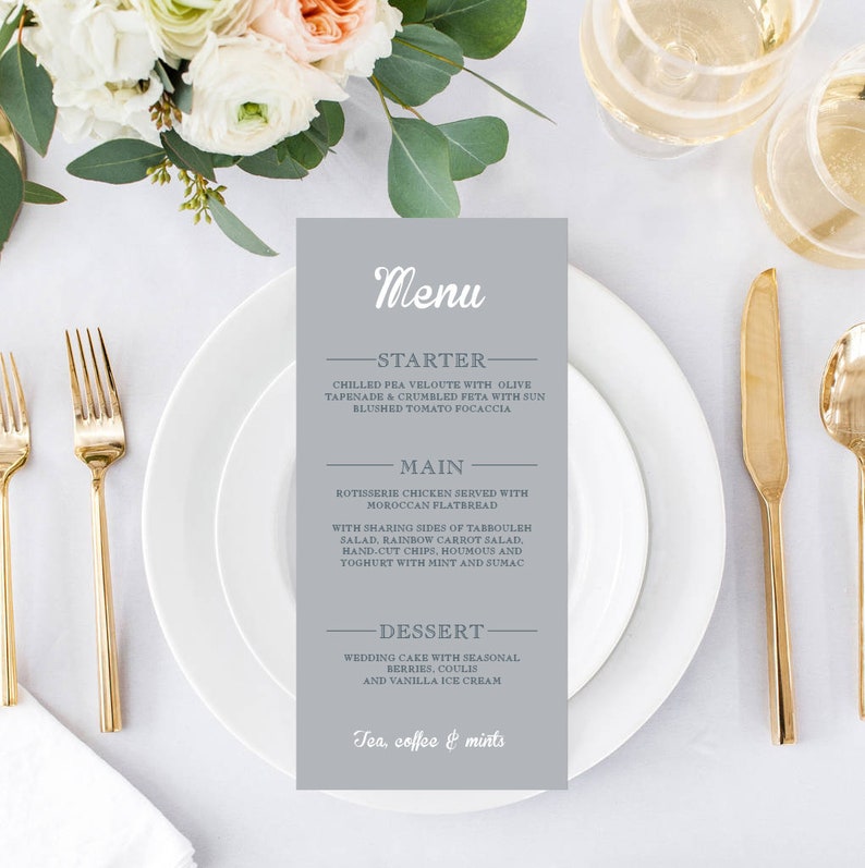 Matching find your face menu. Elegant grey background with a simple readable front for the menu and decorative for the titles. A beautiful wedding menu so all your stationery matches.