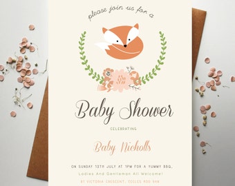 Fox Baby Shower Invitations | Gender Neutral Baby Shower Invite, Editable Colours, Fox Themed Baby Shower, New Baby Invite, Floral