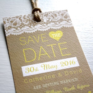 Rustic Lace Save the Date with Twine detail and envelopes Save the Date Tag, Editable Colours, Kraft Wedding, Lace Wedding, Rustic Wedding image 2