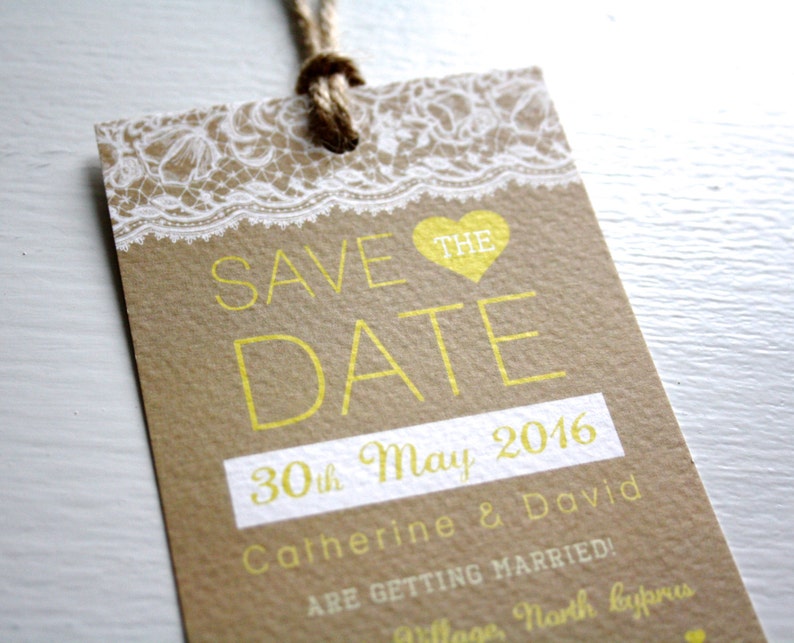 Rustic Lace Save the Date with Twine detail and envelopes Save the Date Tag, Editable Colours, Kraft Wedding, Lace Wedding, Rustic Wedding image 2