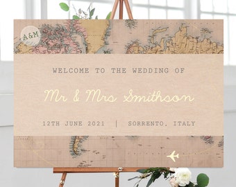 Vintage Travel Map Wedding Welcome Sign | Travel Themed Wedding, Abroad Wedding, Vintage Map, Welcome Sign, Vintage Travel Theme Wedding